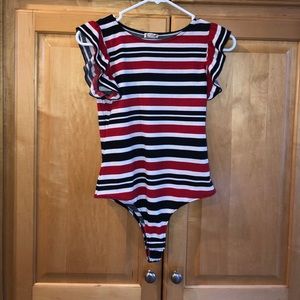 Black and white striped ruffle sleeve bodysuit